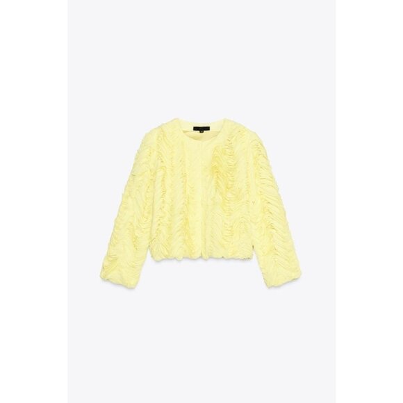 Zara Womens Blazer Jacket M Medium Yellow Textured Ruffled Cropped 3920/273 NWT - Picture 3 of 16